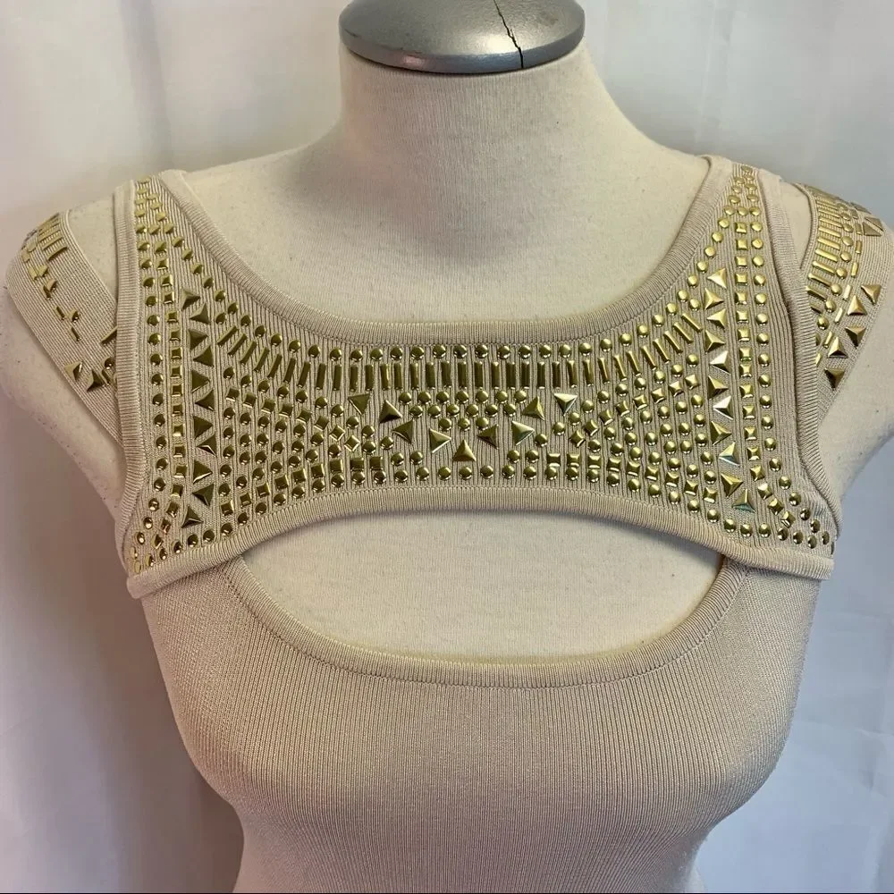 BEBE tan gold embellished bandage dress Sz medium - Picture 3 of 10